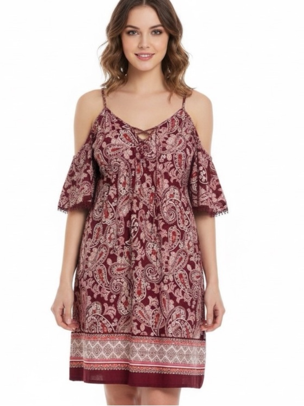 Trixxi NWOT Cold Shoulder Burgundy and White Paisley Boho Comfy Dress